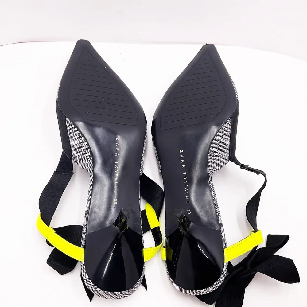 {Zara} Gray Plaid Slingback Bow Kitten Heels - Picture 12 of 16